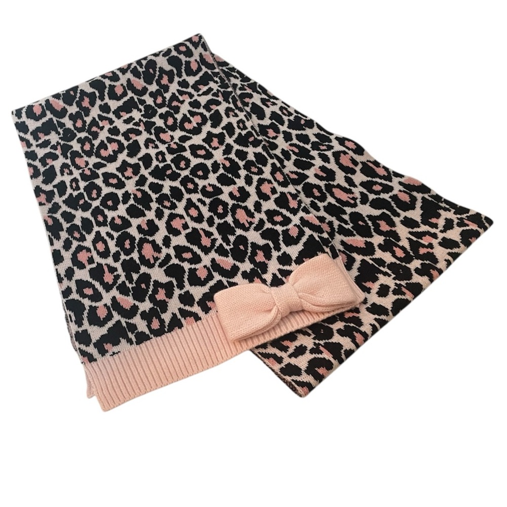 Kate Spade Pink and Black Leopard Print Scarf with Detail Pink Bow